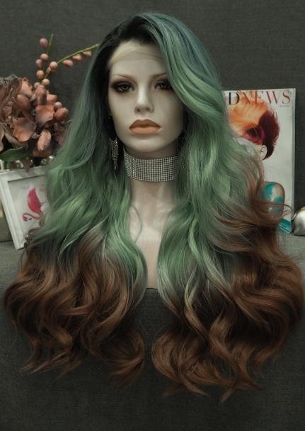 Cedre - Viridian Green And Brown Ombre Long Wavy Synthetic Lace Front Wig - Imstyle-wigs