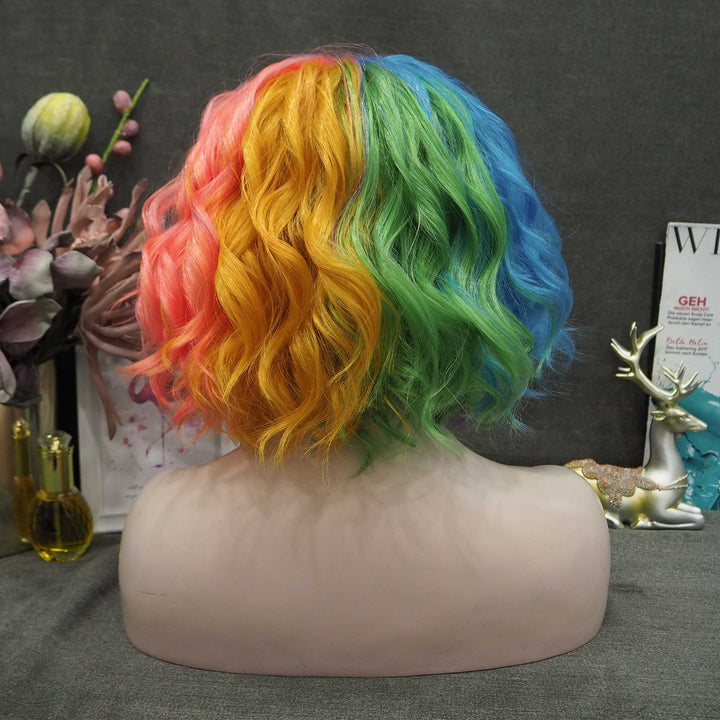 Chloe - Purple Red Blonde Green Blue Mixed Color Short wavy Synthetic Lace Front Wig - Imstyle-wigs
