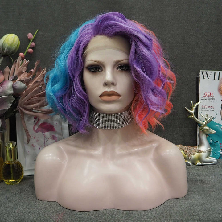 Chloe - Purple Red Blonde Green Blue Mixed Color Short wavy Synthetic Lace Front Wig - Imstyle-wigs