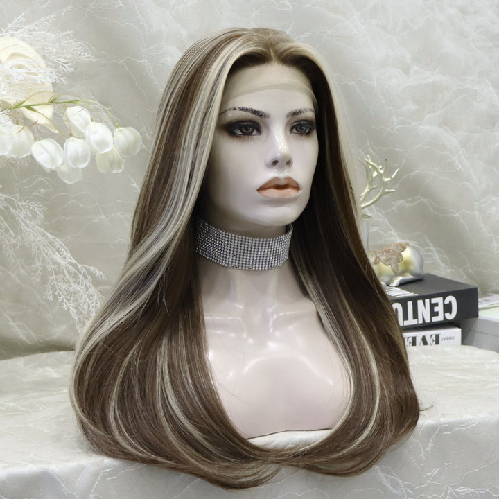 Chocolate Brown with Blonde Highlight Straight Synthetic Lace Wig - Imstylewigs