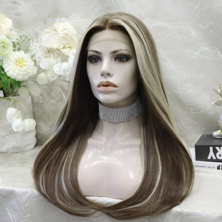 Chocolate Brown with Blonde Highlight Straight Synthetic Lace Wig - Imstylewigs