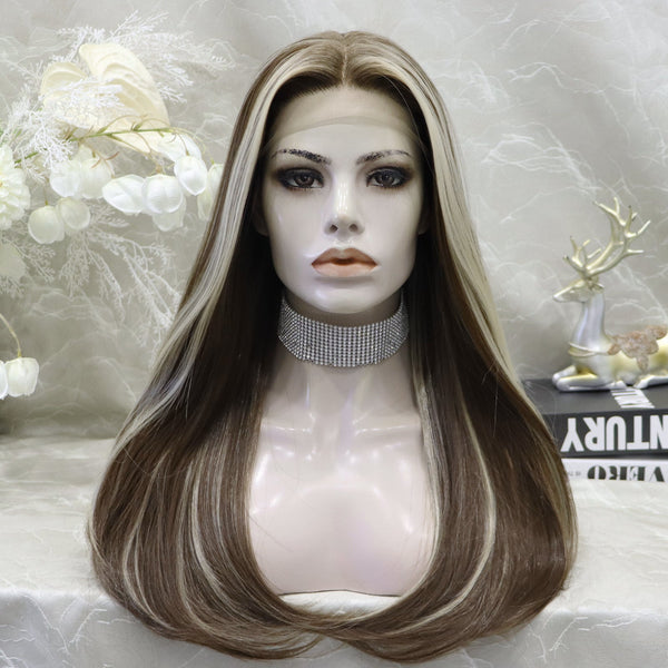 Chocolate Brown with Blonde Highlight Straight Synthetic Lace Wig - Imstylewigs