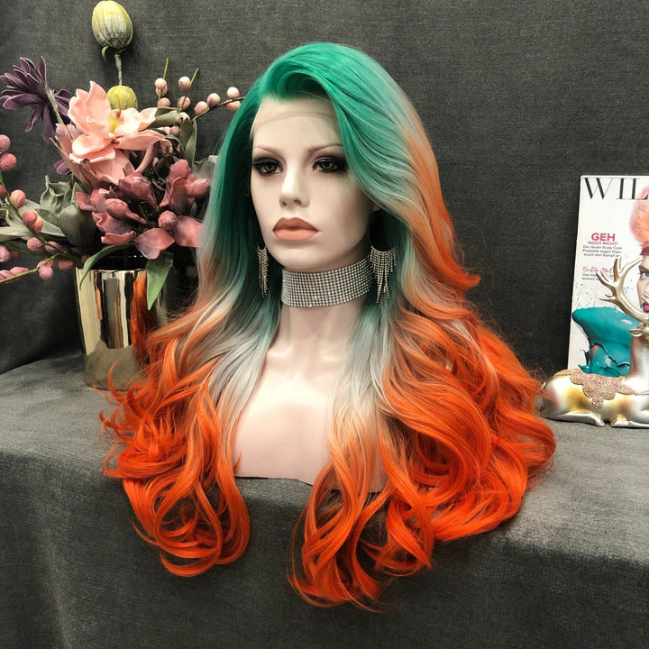 Cocktail - Green & Orange Ombre Long Wavy Synthetic Lace Front Wig - Imstyle-wigs