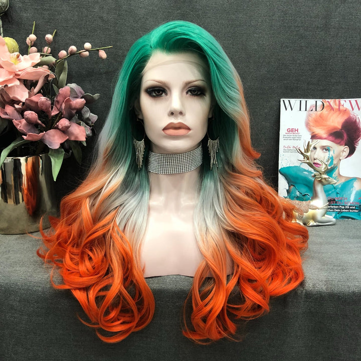 Cocktail - Green & Orange Ombre Long Wavy Synthetic Lace Front Wig - Imstyle-wigs
