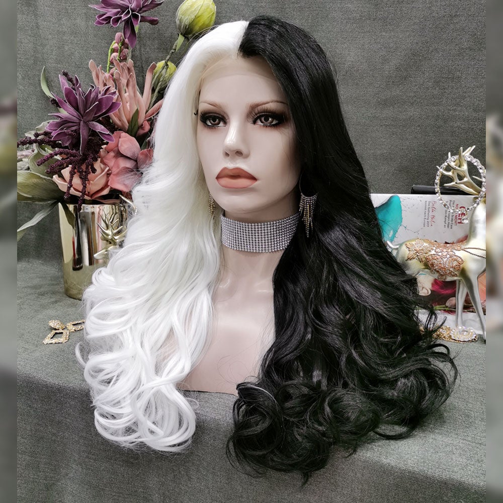 26 inch black and white wig, cruella wig Amazon.com: Mersi Cruella Deville Costume Women Black and  main image 4