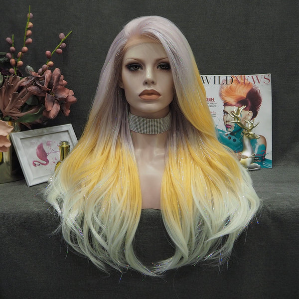 Demi - Light Pink to Blonde Cyan Ombre with Tinsel Long Straight Synthetic Lace Front Wig - Imstyle-wigs