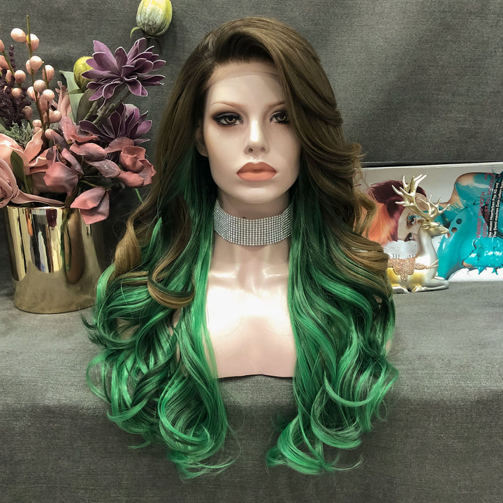 Duchess - Brown And Green Ombre Long Wavy Syntetic Lace Front Wig - Imstyle-wigs