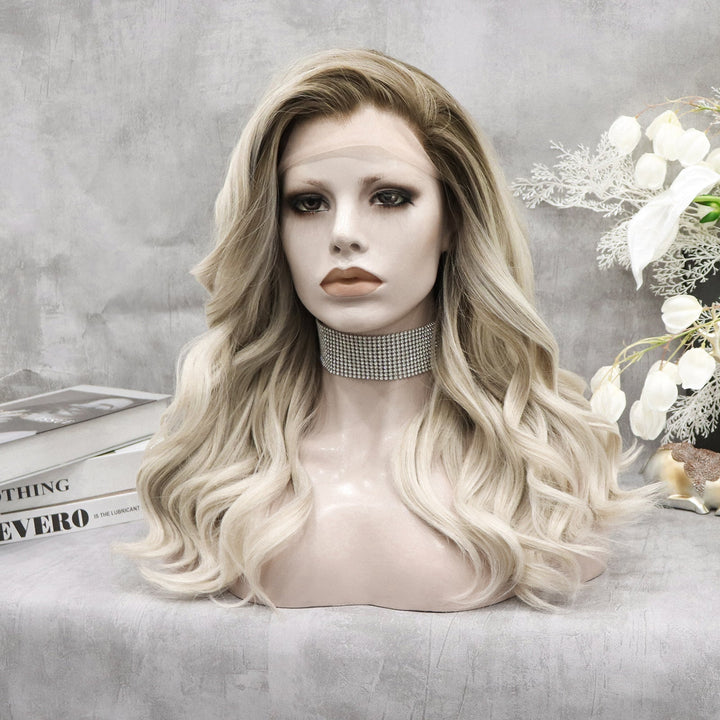 Elegant - White Blonde And Dark Root Shoulder Wave Lace Front Imstyle Daily Wig - Imstyle-wigs