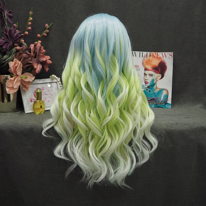 Ella - Light Blue to Green Ombre Tinsel Long Wavy Synthetic Lace Front Wig - Imstyle-wigs