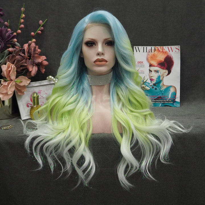 Ella - Light Blue to Green Ombre Tinsel Long Wavy Synthetic Lace Front Wig - Imstyle-wigs