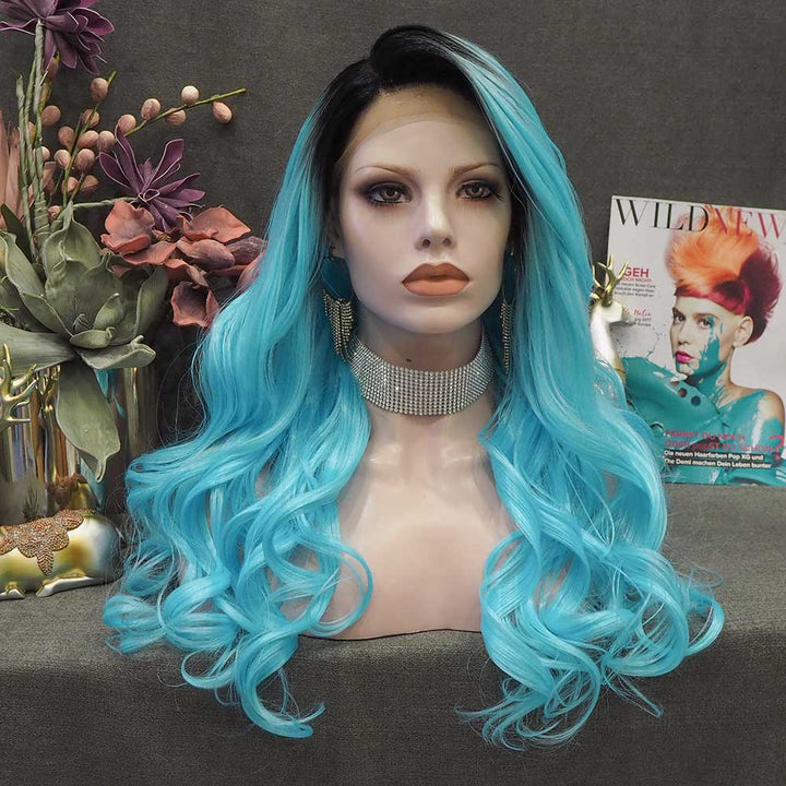 Elly - Sky Blue With Dark Root Long Wavy Synthetic Lace Front Wig - Imstyle-wigs