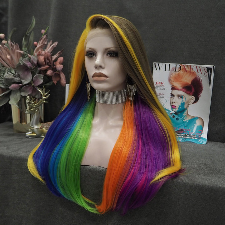 Fiona - Light Brown to Rainbow Long Straight Synthetic Lace Front Wigs - Imstyle-wigs
