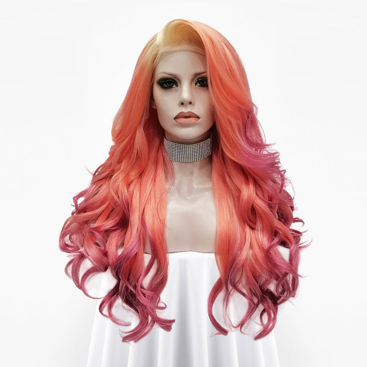 Flamingo - Blonde Orange Purple Ombre Long Wavy Synthetic Lace Front Wig - Imstyle-wigs