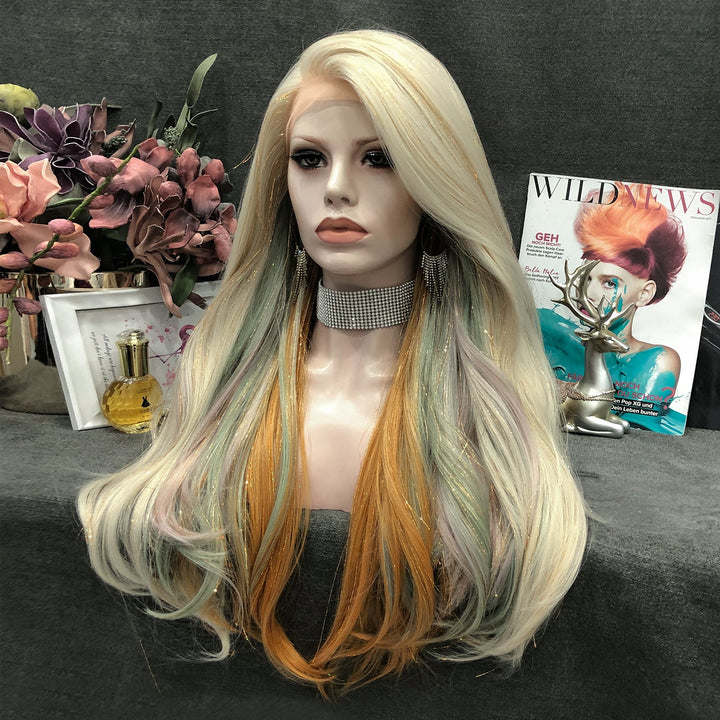Gloria - Blonde-Light green & Deep Yellow Highlighted With Shiny Tinsel Synthetic Lace Front Wig - Imstyle-wigs