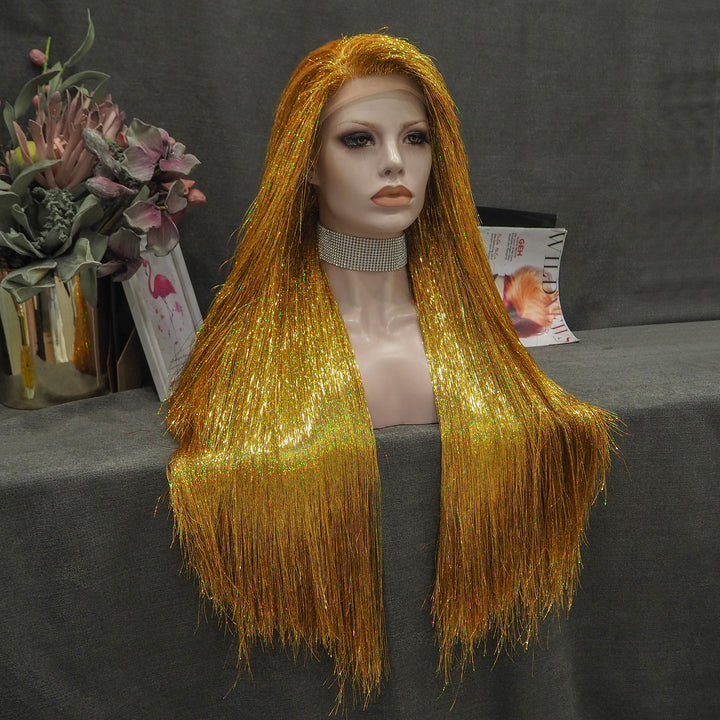 Golden - Blonde with Tinsel Long Straight Gold Drag Hair - Imstyle-wigs