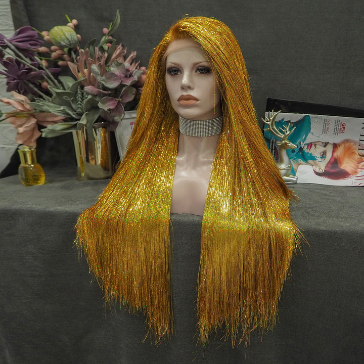 Golden - Blonde with Tinsel Long Straight Gold Drag Hair - Imstyle-wigs