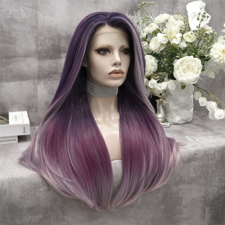Grape Purple Fade Long Straight Synthetic Lace Front Imstyle Costume Wig - Imstyle-wigs