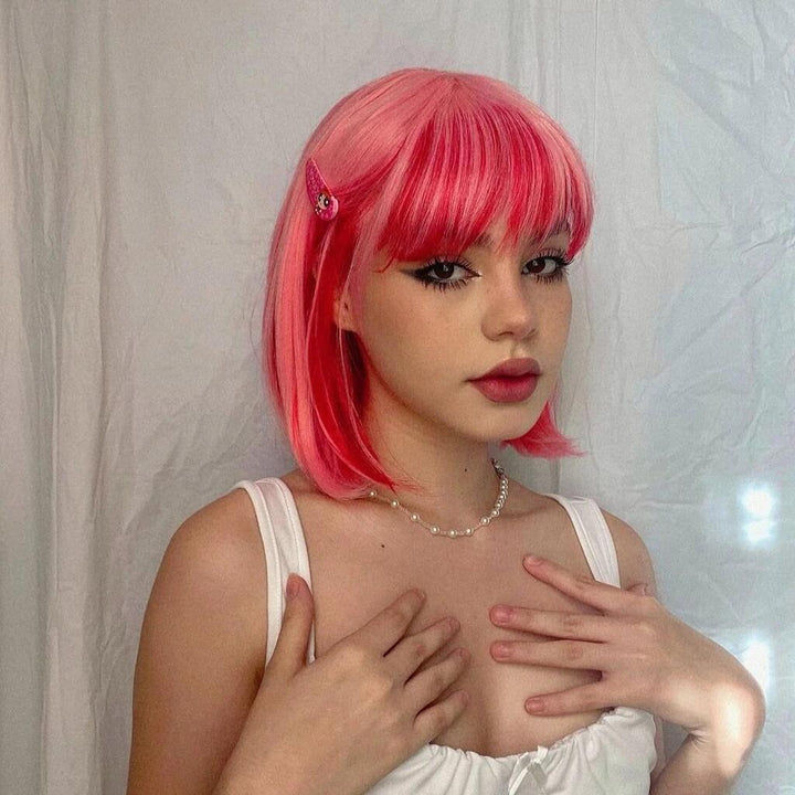 Grapefruit -Pink With Hot Pink Hidden Short Bob Synthetic Imstyle Wig With Bangs - Imstyle-wigs