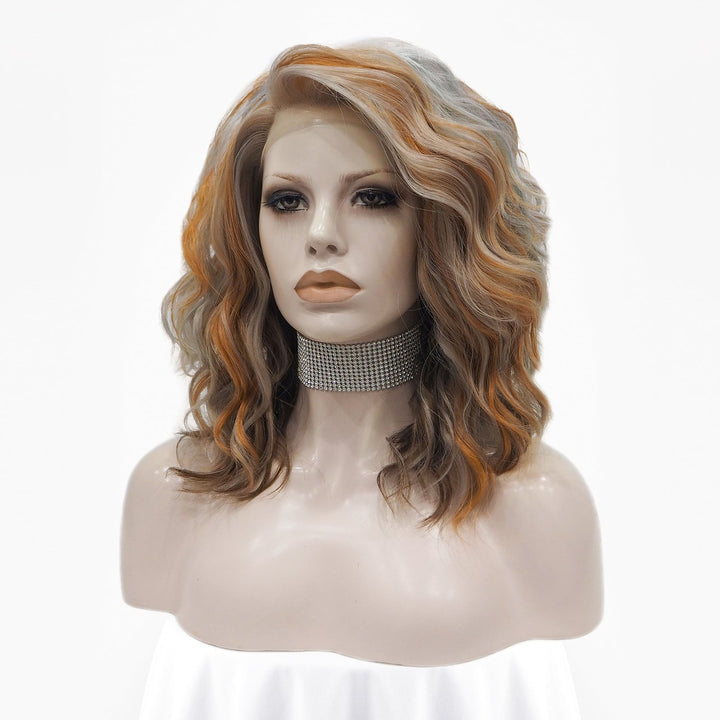 Gray Blue And Orange Highlight Short Curly Synthetic Lace Front Imstyle Wig - Imstyle-wigs