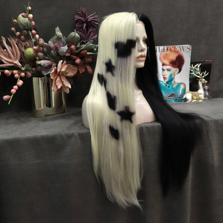 Half Black Half Blonde Wigs Long Straight Synthetic Wig for Women - Imstyle-wigs