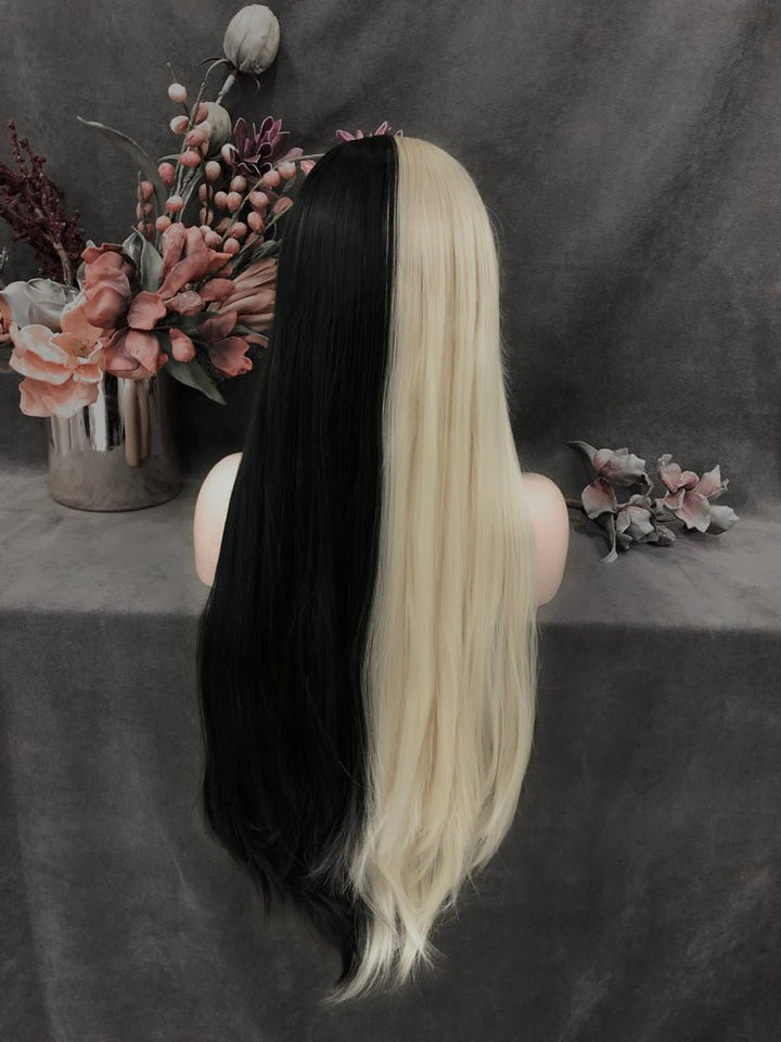 Half Black Half Blonde Wigs Long Straight Synthetic Wig for Women - Imstyle-wigs