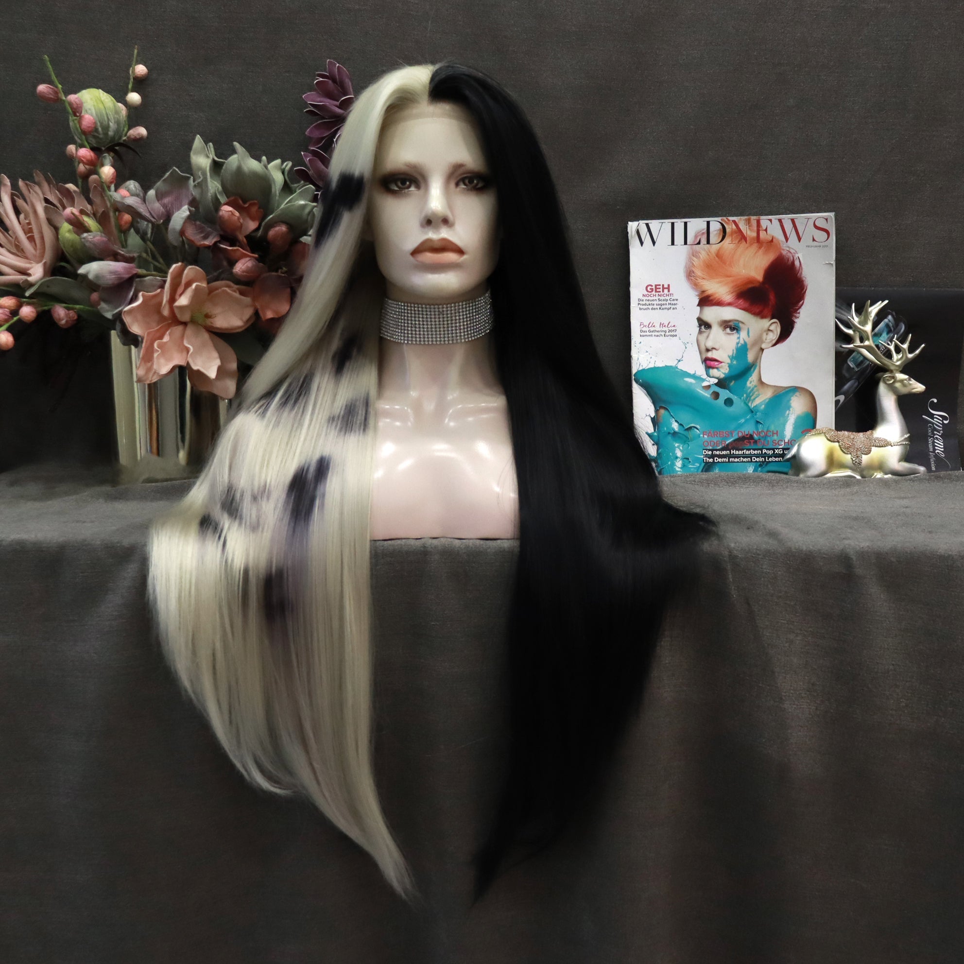 Half Black Half Blonde Wigs Long Straight Synthetic Wig Imstylewigs