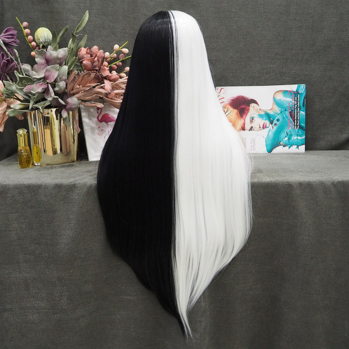 Half Black Half White Wigs Long Straight Synthetic Holloween Cosplay Wig - Imstyle-wigs
