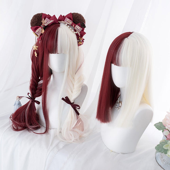 Half White Half Wine Red With Bangs Lolita Hard Front Wig - Imstyle-wigs