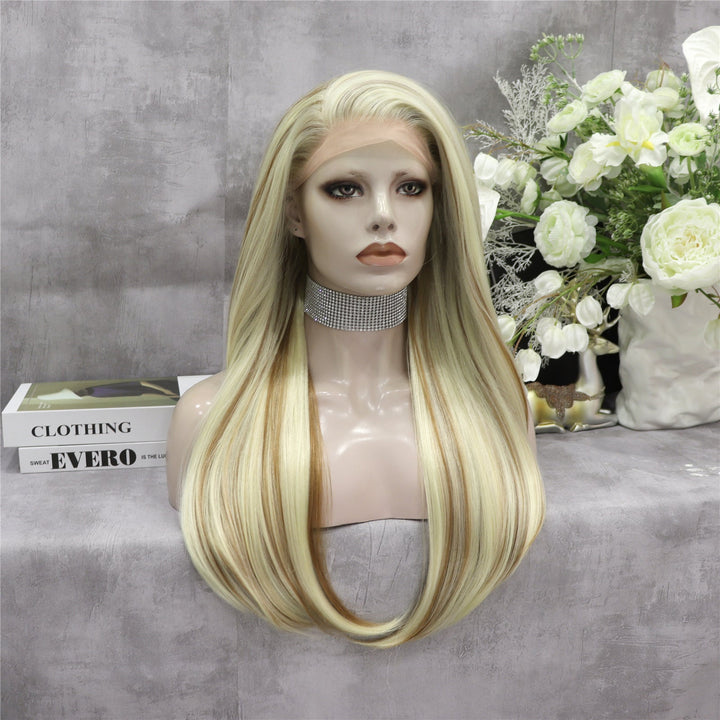 Highlights Ash Brown to Golden Blonde Straight Lace Front Synthetic Wig - Imstyle-wigs