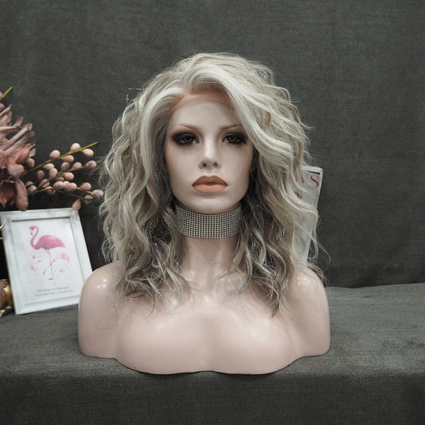 imstyle blonde and grey color with tinsel no parting 20 inches with curly lace front - Imstylewigs