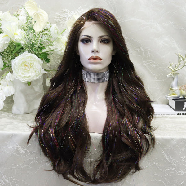 imstyle brown Synthetic tinsel wig with layers no parting lace front wigs - Imstylewigs