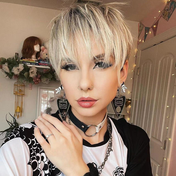 IMSTYLE Dark Roots Ombre Blonde Color Edgy Pixie Cut With Bangs Short Hairstyle Karen Wig For egirl - Imstylewigs