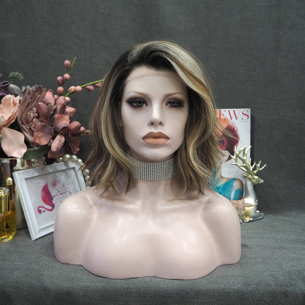 IMSTYLE Gina short Bob Style light brown with blonde highlight everyday waer wigs natural lace front synthetic wig - Imstylewigs