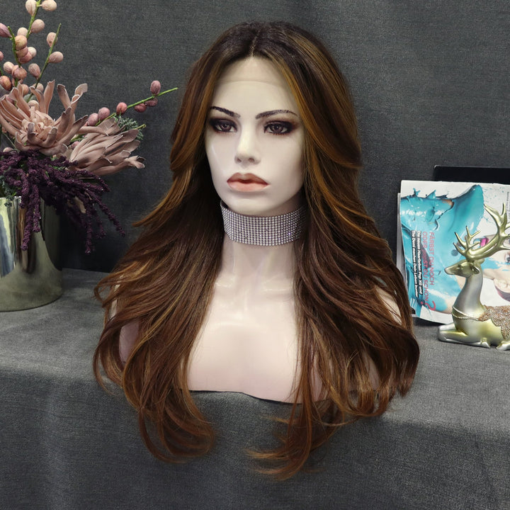 IMstyle Remy yellow brown with dark root layer cut 24 inches T part lace front glueless wigs - Imstylewigs