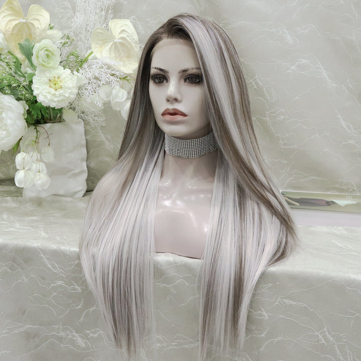 Imstyle sliver mist grey with highlights and dark roots 28 inches free part Synthetic Lace Front Wig - Imstylewigs