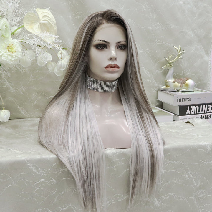 Imstyle sliver mist grey with highlights and dark roots 28 inches free part Synthetic Lace Front Wig - Imstylewigs