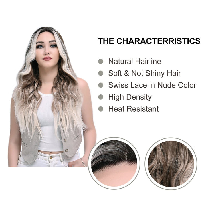 Imstylewigs 28 inches Skunk stripe ombre blonde bady wavy lace wigs - Imstylewigs
