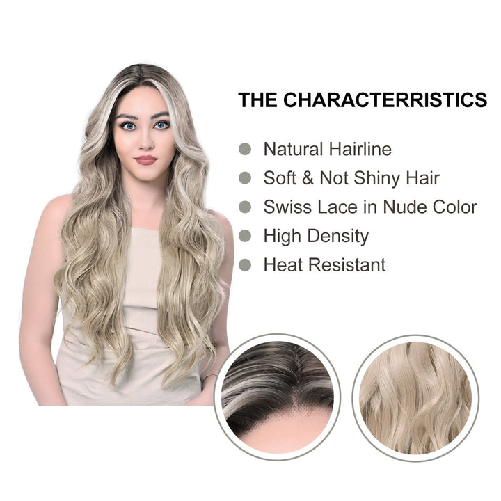 Imstylewigs 32 inches Skunk stripe ombre platium blonde bady wavy lace wigs - Imstylewigs
