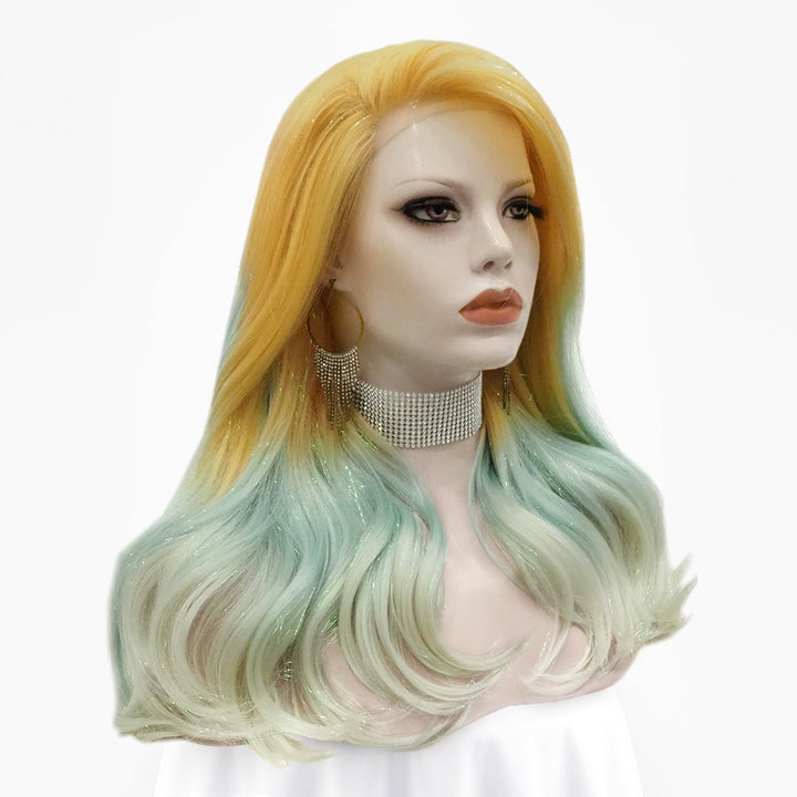 Julia - Blonde to Cyan-blue Ombre Tinsel Long Wavy Synthetic Lace Front Wig - Imstyle-wigs