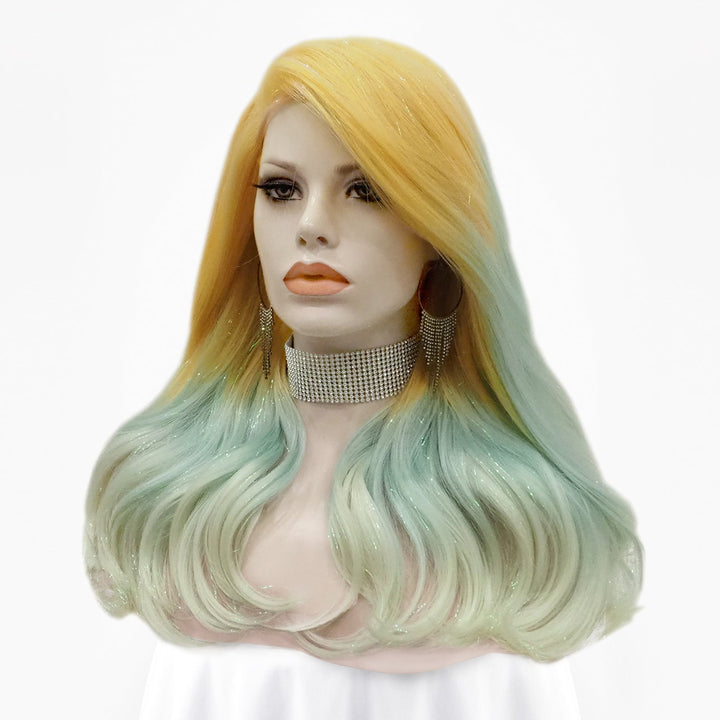 Julia - Blonde to Cyan-blue Ombre Tinsel Long Wavy Synthetic Lace Front Wig - Imstyle-wigs