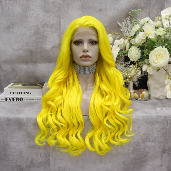 Lemon Soda - Neon Yellow Long Synthetic Lace Front Wig For Drag - Imstyle-wigs