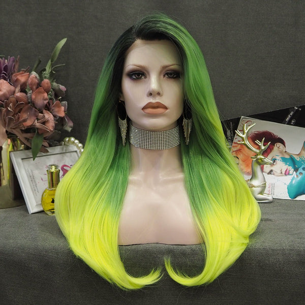 Lemongrass -Green And Neon Yellow Ombre WIth Dark Root Long Straight Synthetic Lace Front Wig - Imstyle-wigs