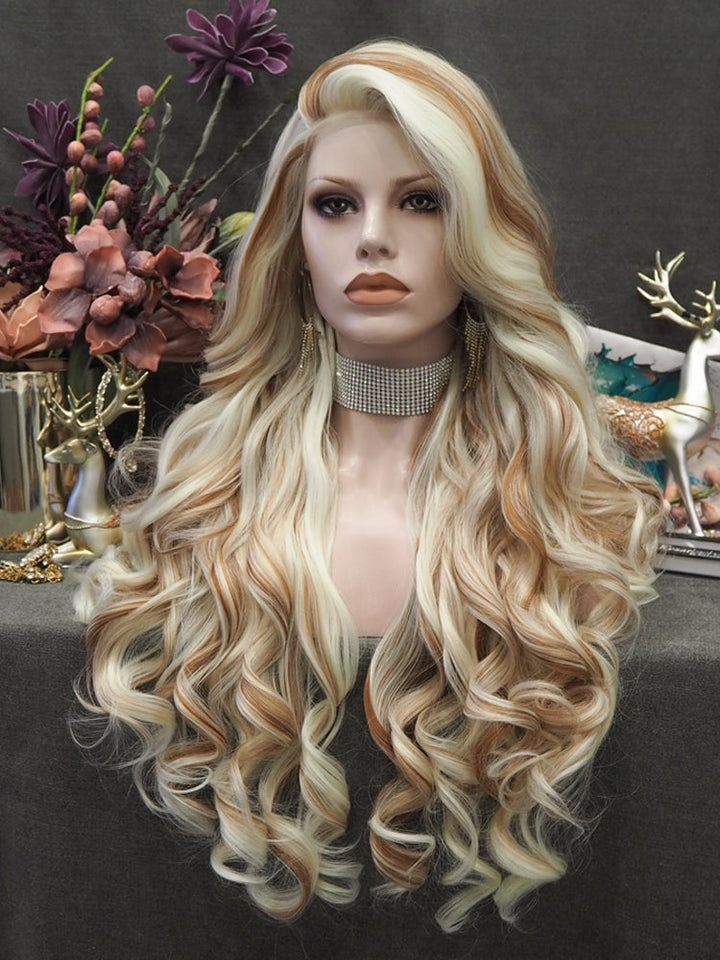 Lizzy - Blonde And Brown Highlights Long Loose Curl Synthetic Lace Front Wig For Women - Imstyle-wigs