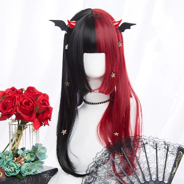 Lolita Black Red Double Long Straight Wig - Imstyle-wigs