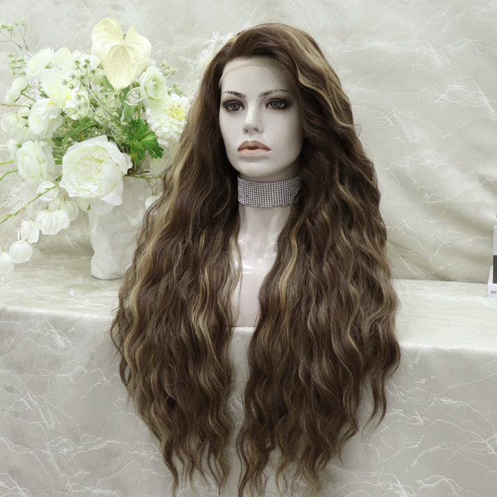 Long Honey Brown With Blonde Highlight Water Wave 13*4 Lace Front Wig - Imstylewigs