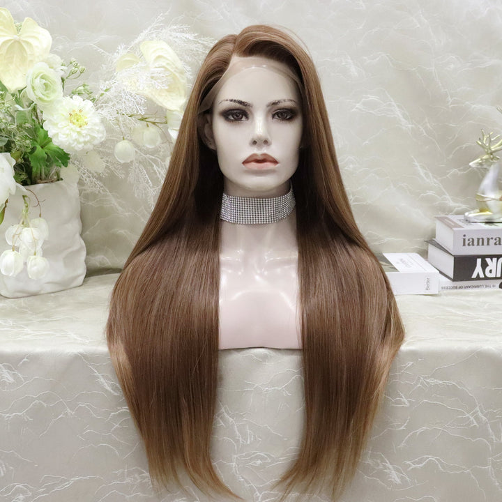 Long Pinkish Brown Silky Straight Synthetic Full Lace Wig - Imstylewigs