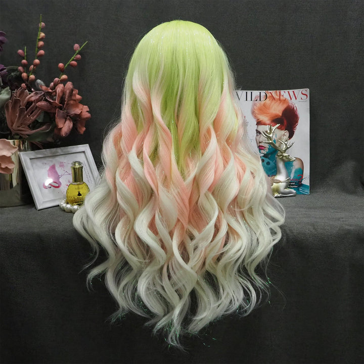 Macarons - Green to Light Pink Blue Ombre Tinsel Long Wavy Synthetic Lace Front Wig - Imstyle-wigs