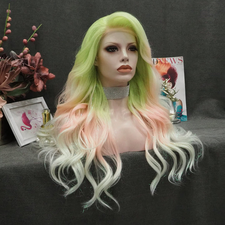 Macarons - Green to Light Pink Blue Ombre Tinsel Long Wavy Synthetic Lace Front Wig - Imstyle-wigs