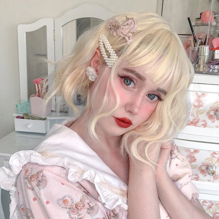 Milky White Blonde With Air Bangs Short Bob Lolita wig - Imstyle-wigs