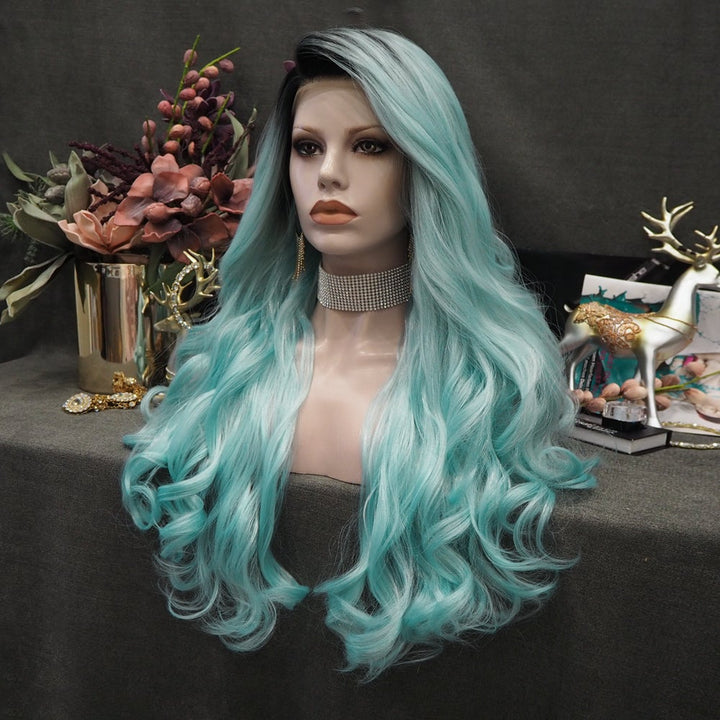 Nicole - Baby Blue With Dark Root Long Loose Wave Synthetic Lace Front Wig - Imstyle-wigs